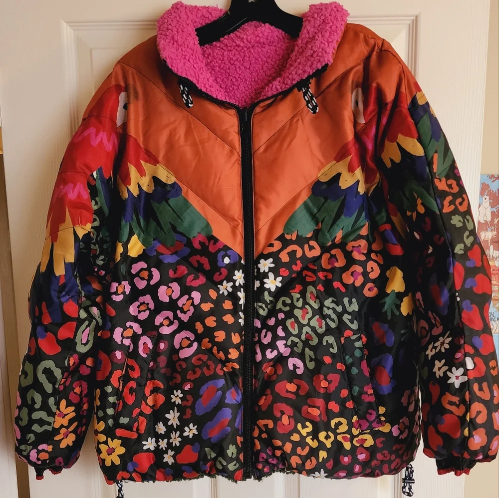 Farm Rio Macaw-Print Faux-Shearling Puffer Jacket - Picture 2 of 6